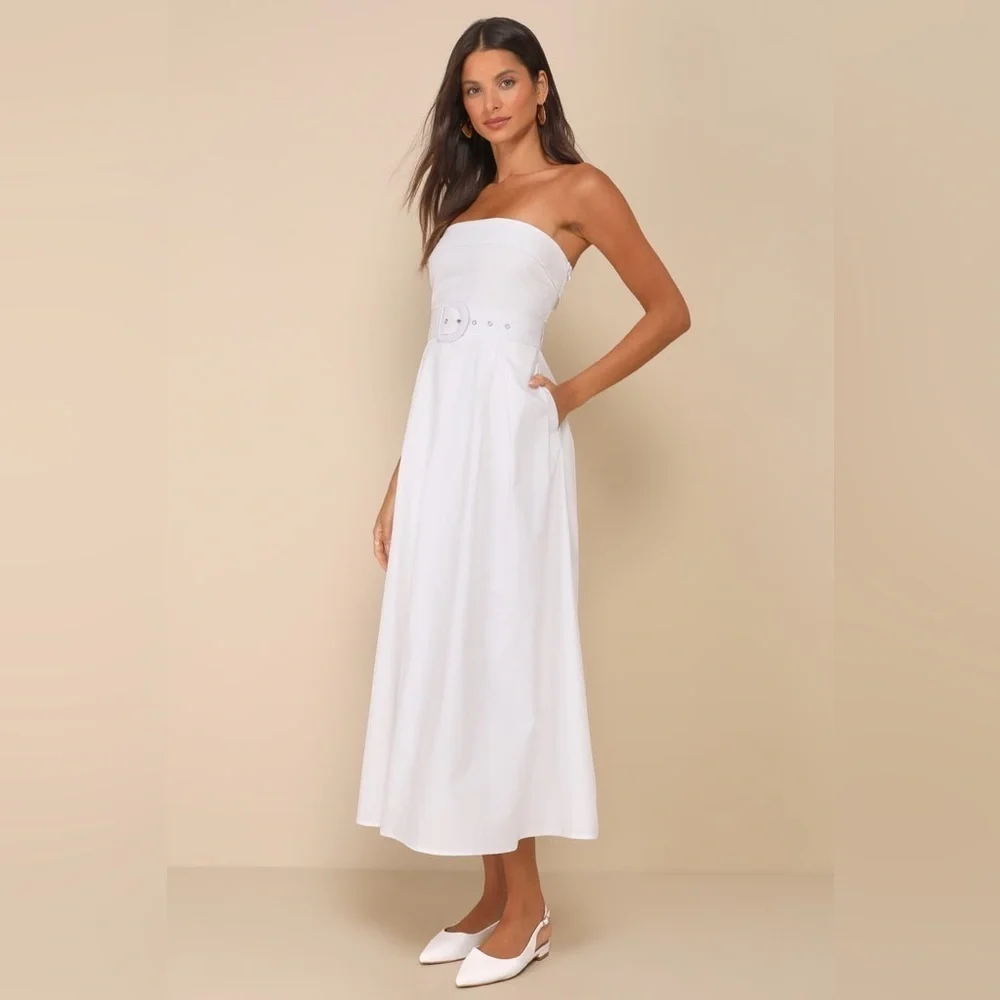 LULU’S Trendsetting Choice White Strapless Midi Dress With Pockets - Picture 3 of 6